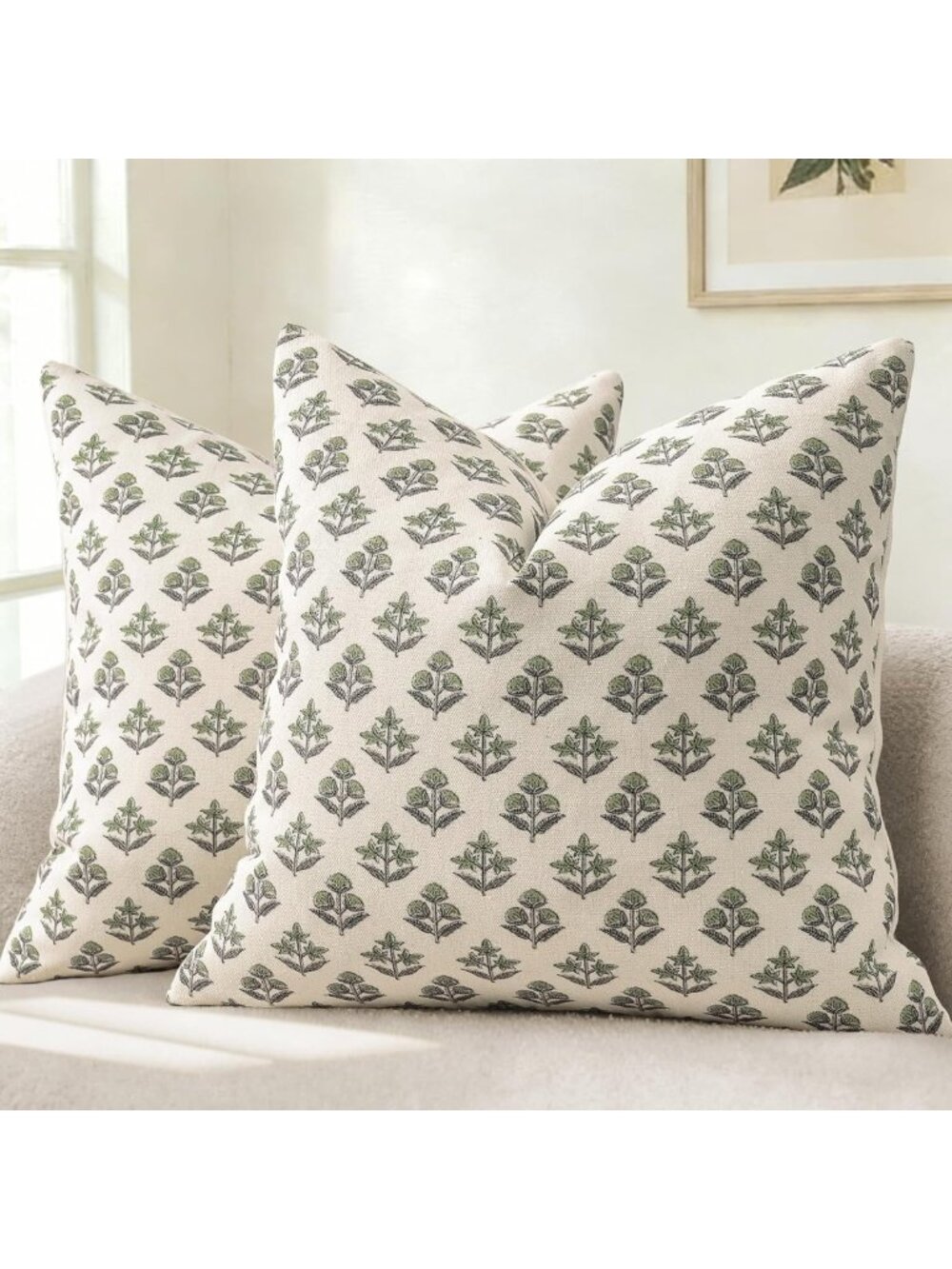 Rustic Farmhouse Floral Euro Sham Pillow Covers 24x24, Set of 2, Sage Green